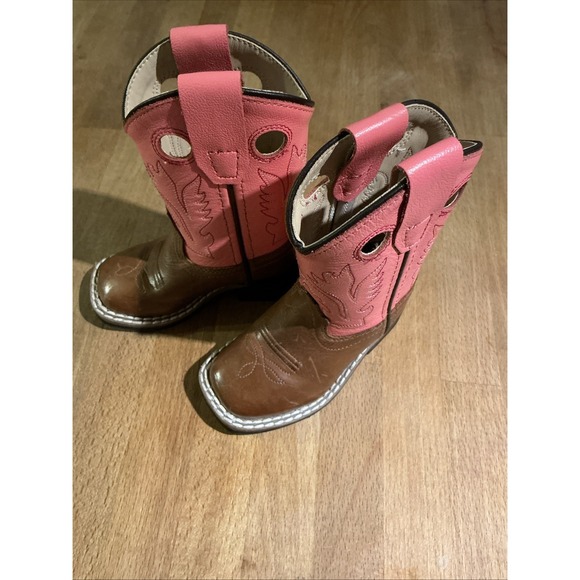 Old West CW2552Y Cowboy Boots Leather Upper Pink & Brown Toddler size US 4.5 - Picture 8 of 15
